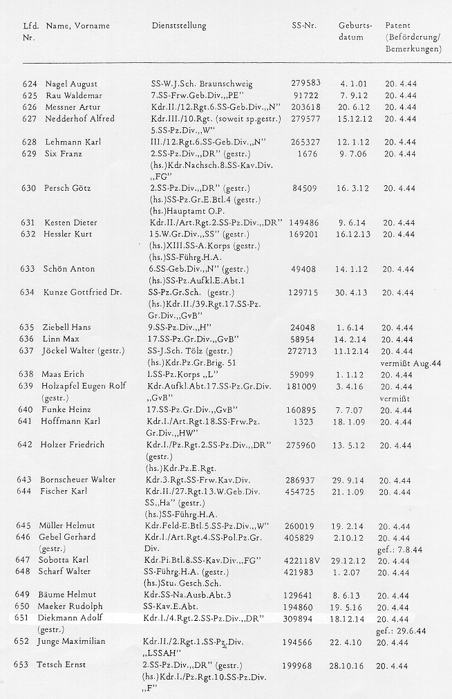 July 1944 DAL showing entry for Adolf Diekmann (No. 651)