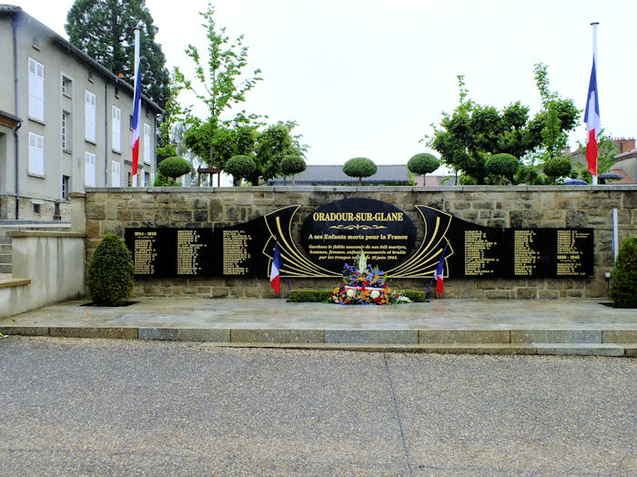 Tribute at the memorial to the dead of the World Wars in Oradour-sur-Glane