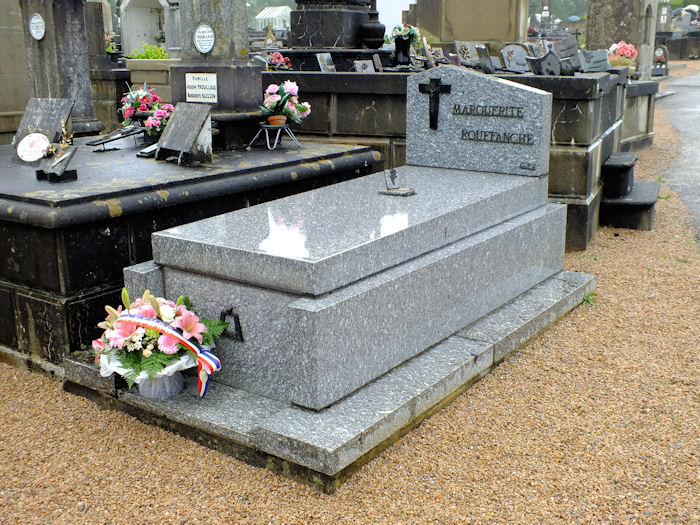 Tribute at the grave of Madame Rouffanche in Oradour-sur-Glane cemetery