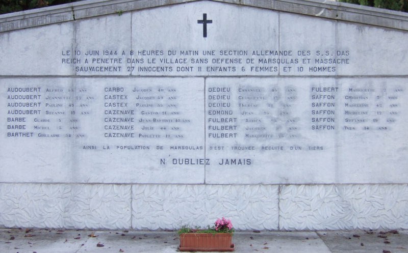 Close-up of the main memorial to the 27 dead in Marsoulas