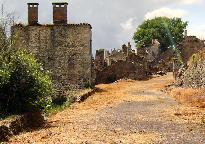 View into Oradour from the metal fence on the road to the Masset farm